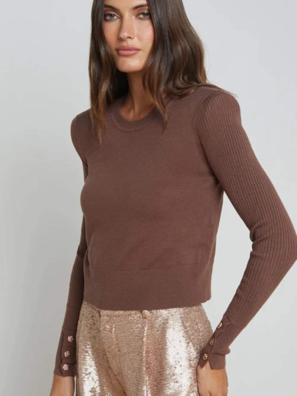 L'Agence Sky Button Detail Crop Crew Sweater Cocoa Size Small